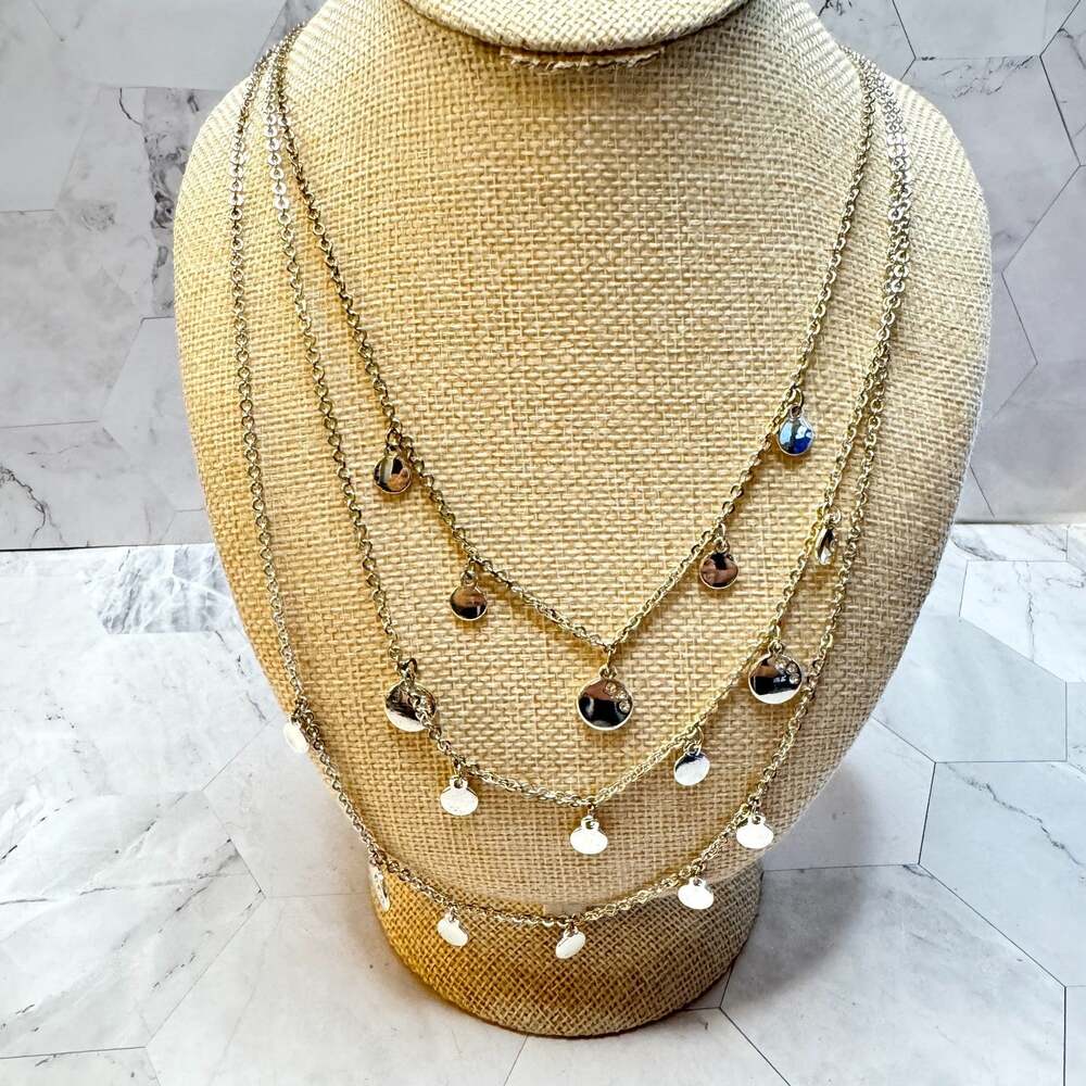 Monet 3 Strand Silver Tone Necklace 22In Circles w/Rhinestones Dainty Bib EUC